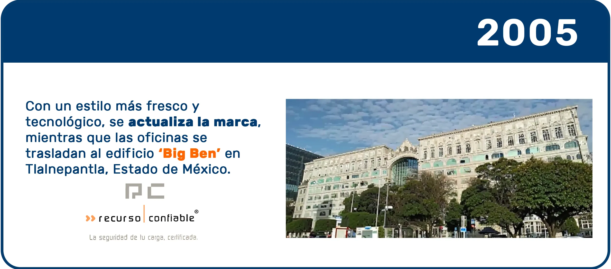 Traslado a oficinas del Big Ben en 2005 y reinvención tecnológica de la imagen de Recurso Confiable, integrando la Real-Time Transportation Visibility Platform.