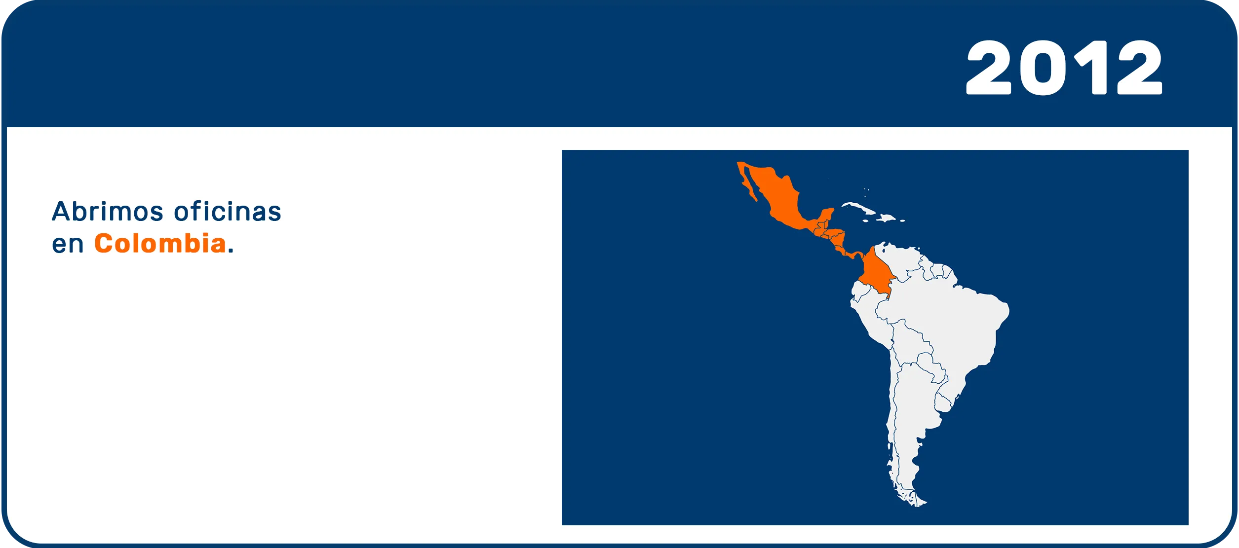 Apertura de oficinas de Recurso Confiable en Colombia en 2012, integradas con la Real-Time Transportation Visibility Platform y la plataforma de visibilidad logística en tiempo real.