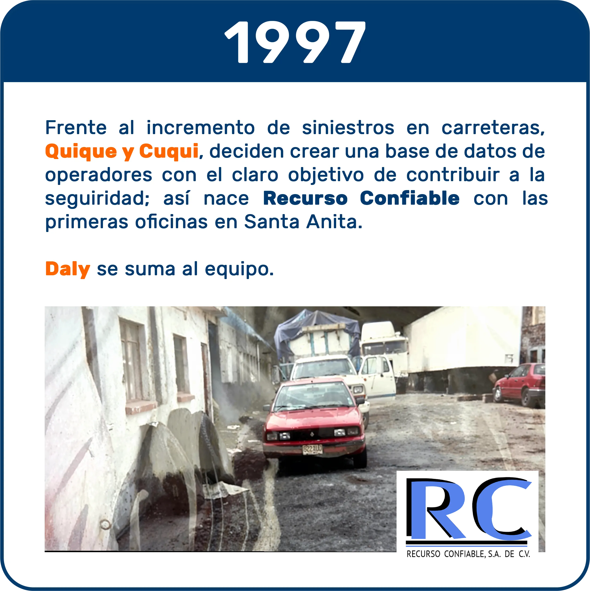 Fundación de Recurso Confiable en 1997, con creación del plan de negocios, logo y base de datos de operadores, iniciando la Real-Time Transportation Visibility Platform.